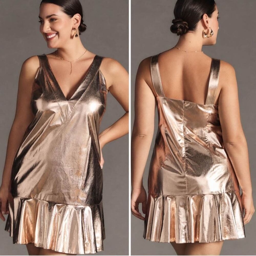 ANTHROPOLOGIE X MARE MARE Metallic Gold V-neck Mini Dress Medium